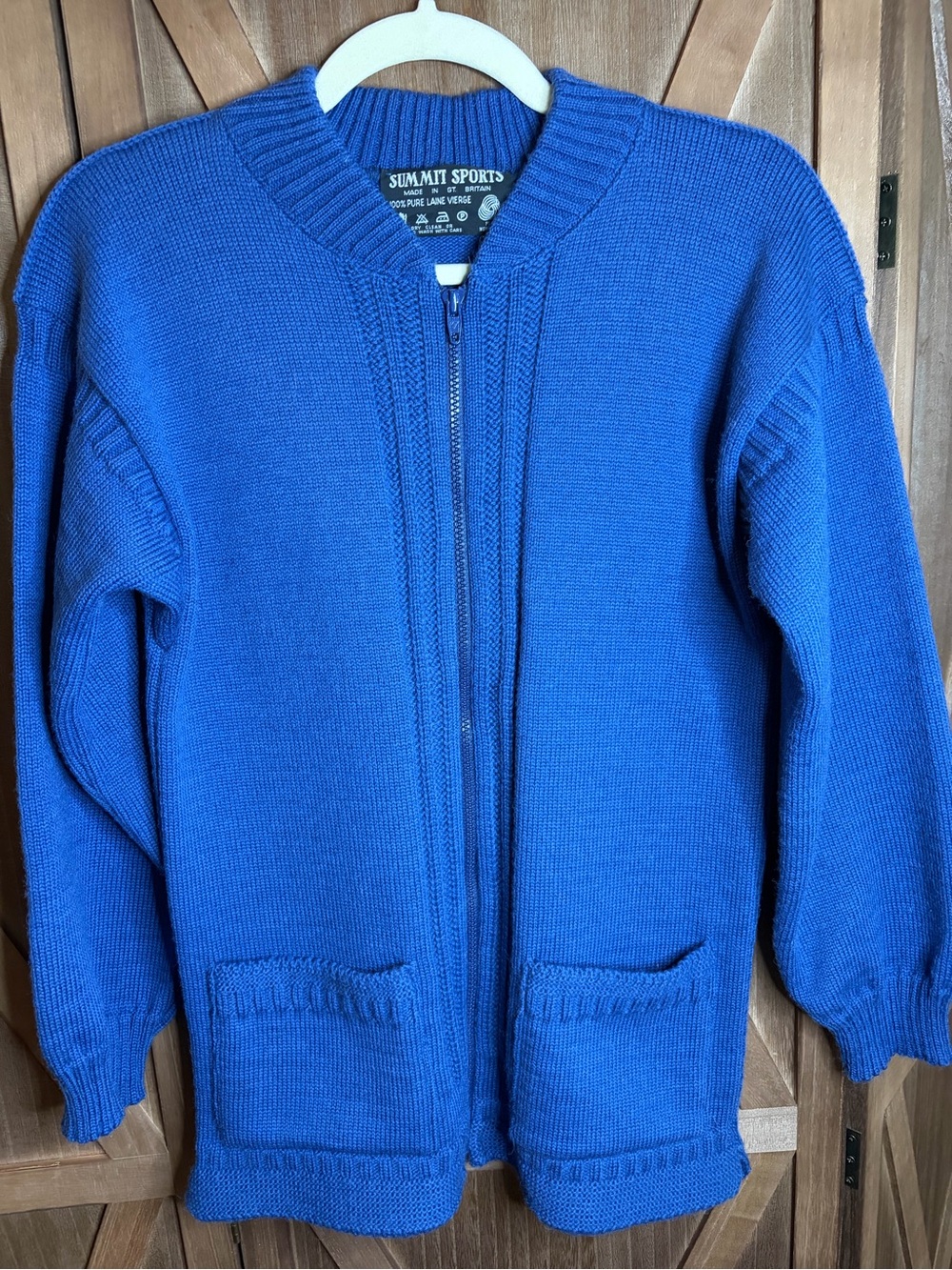 SUMMIT SPORTS Vintage Blue 100% Pure New Wool Zip Cardigan Sweater SIZE MEDIUM